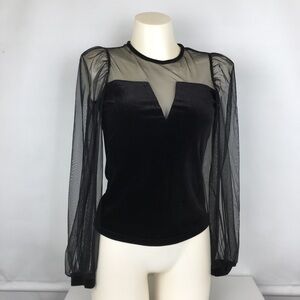 Sexy Y2K Gothic Velour Mesh Top Black Women’s Size M Whimsigoth Long Sleeve